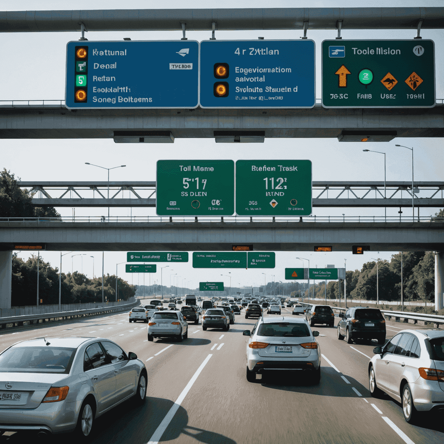 Ein modernes Mautsystem an einer Autobahn mit fließendem Verkehr. Im Vordergrund sind elektronische Anzeigetafeln zu sehen, die Informationen für Autofahrer anzeigen.