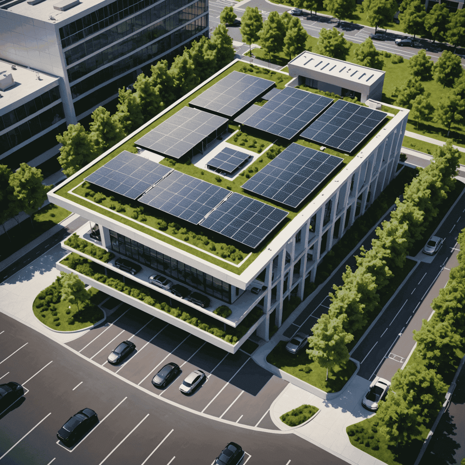 Luftaufnahme eines innovativen Parkhauses mit Solarpanelen auf dem Dach und Grünflächen zwischen den Parkplätzen