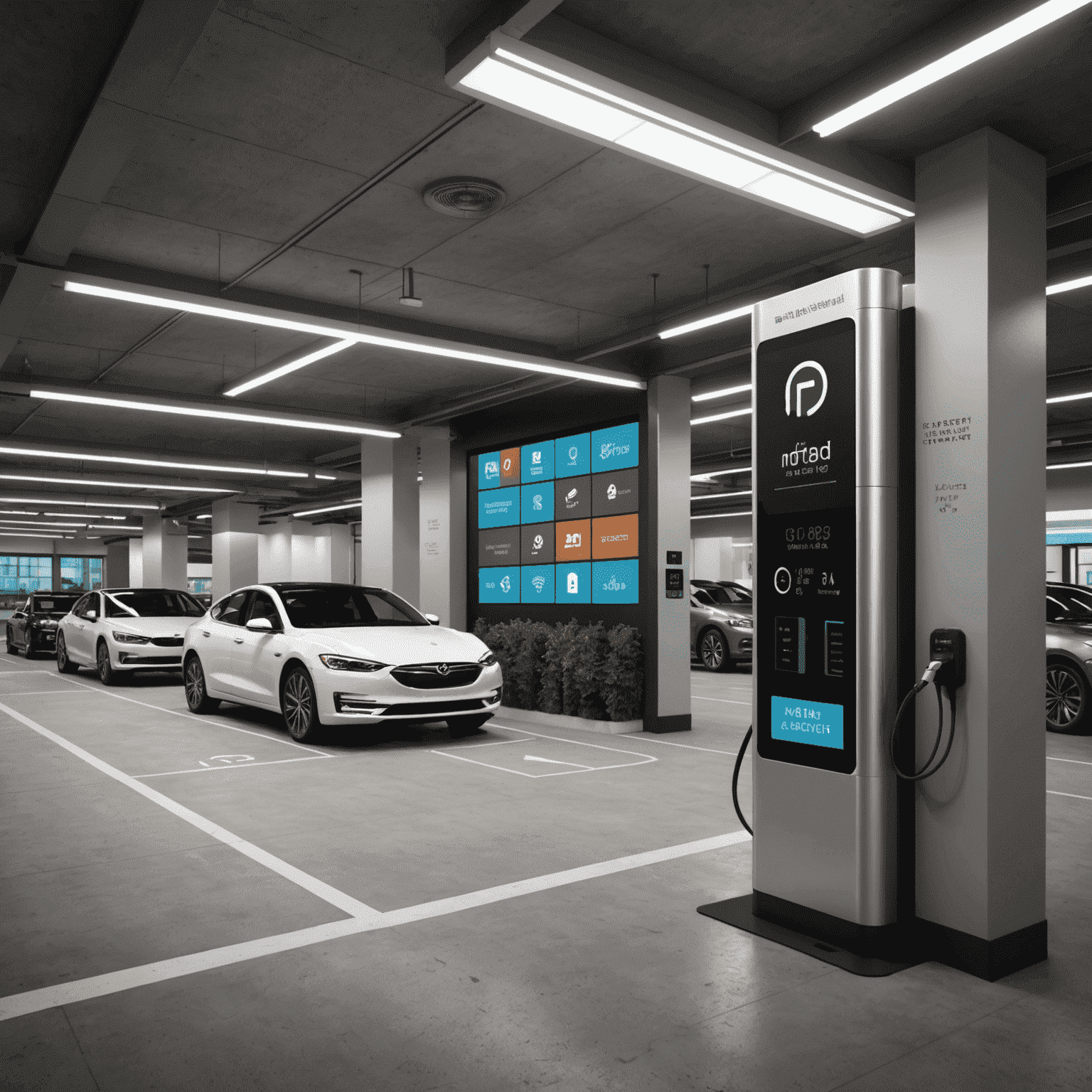 Modernes Parkhaus mit integrierten Elektroladesäulen und digitalen Anzeigetafeln für freie Plätze