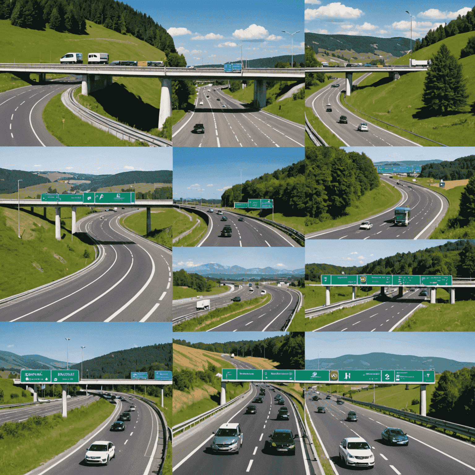 Collage von Autobahnen und Mautstellen in Deutschland, Ungarn, den Niederlanden und der Schweiz