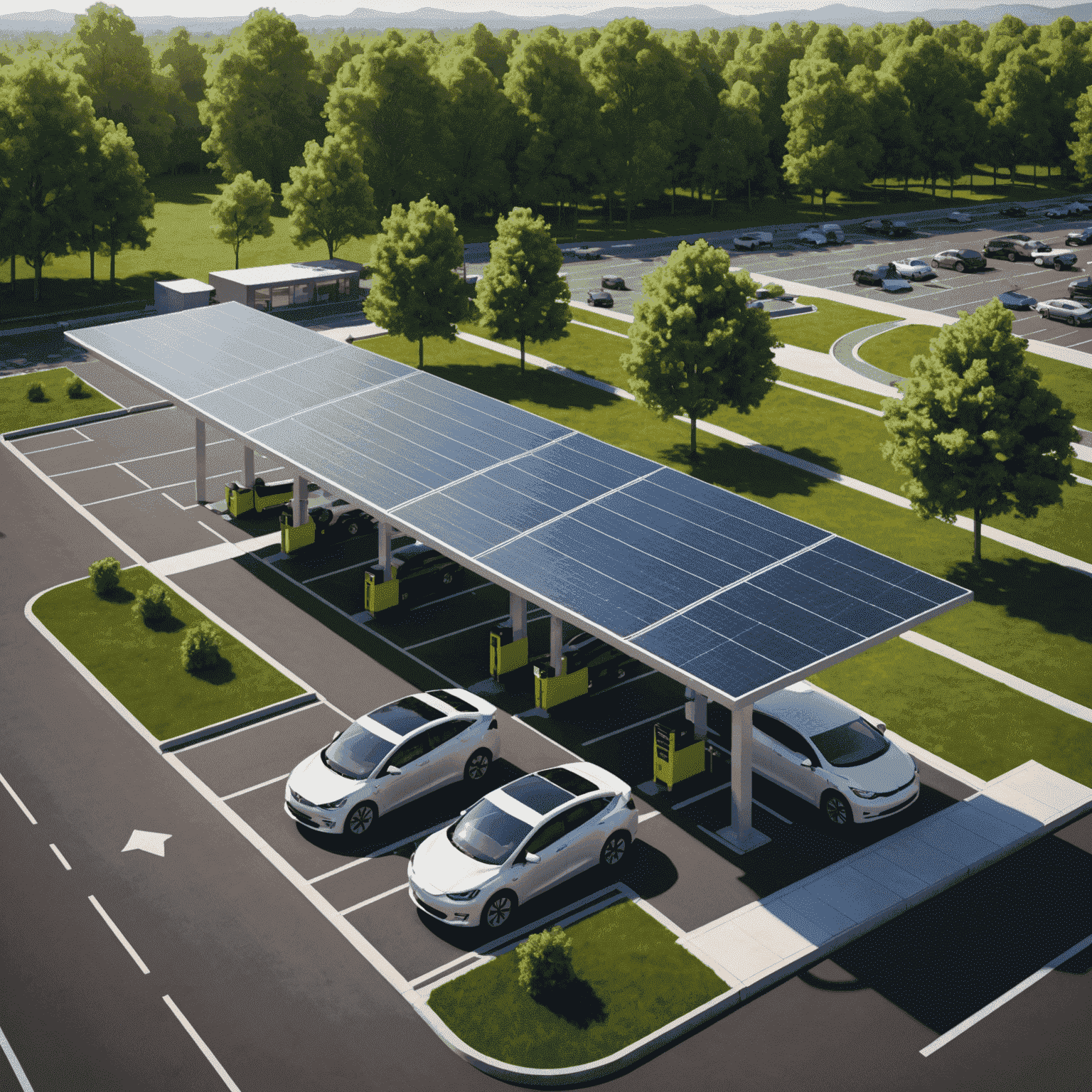 Autobahnparkplatz mit Solar-überdachten Stellplätzen und E-Ladesäulen